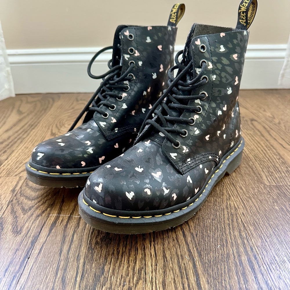 Dr. Martens Black and White Heart Print Combat Boots